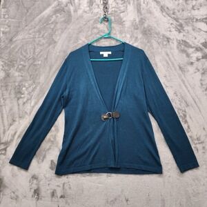 AUGUST SILK Cardigan Womens L Teal Green Blue Long Sleeve Leather Snap Buckle
